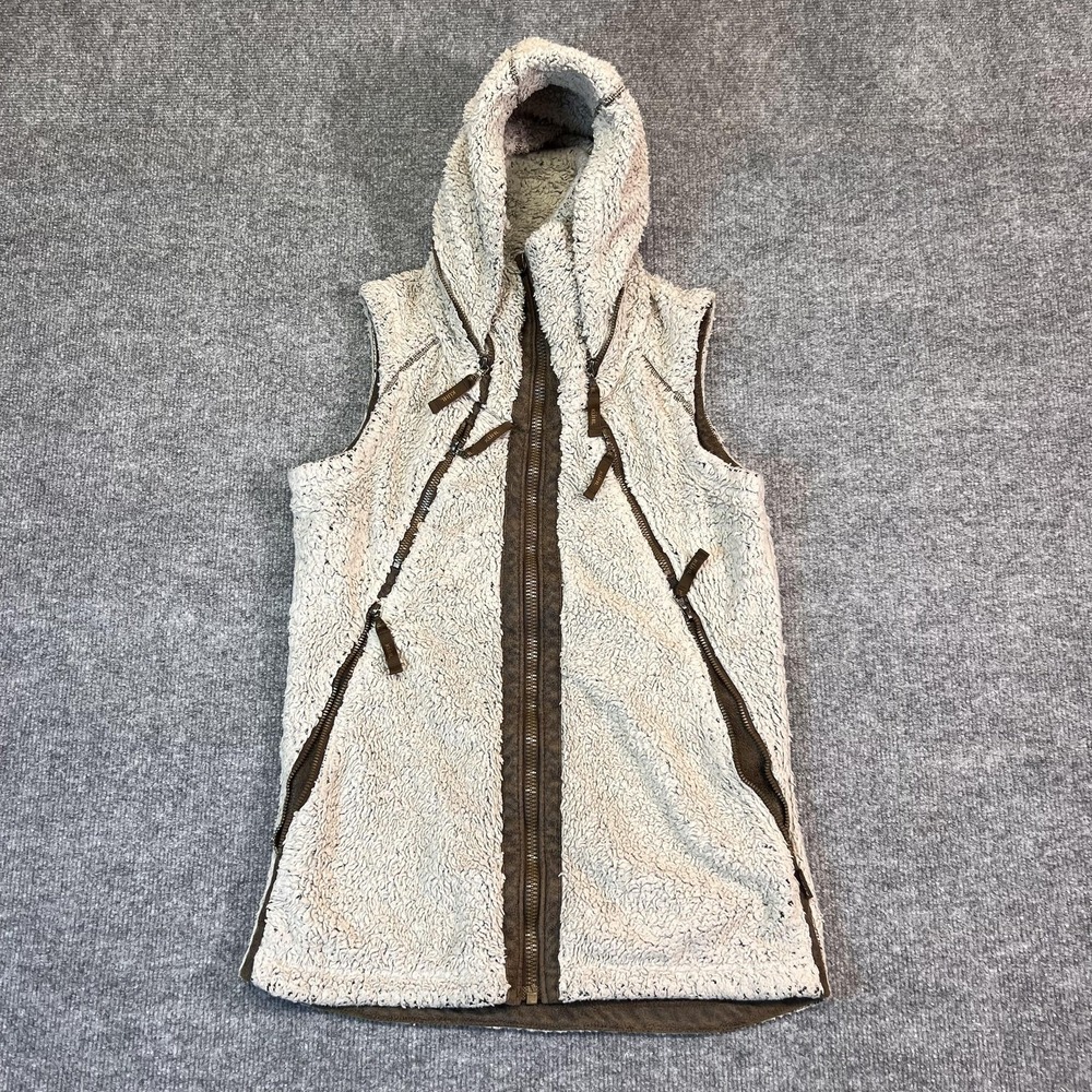 Kuhl Flight Vest Womens XS Beige Hooded Fleece Full Zip Pockets Mid-Length
